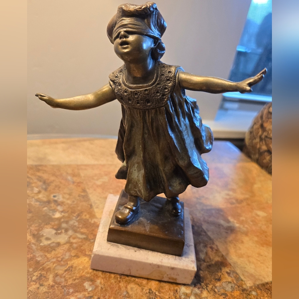 Giuseppe Ferrari Bronze Statue Girl With Blindfold Italian (1840-1905)